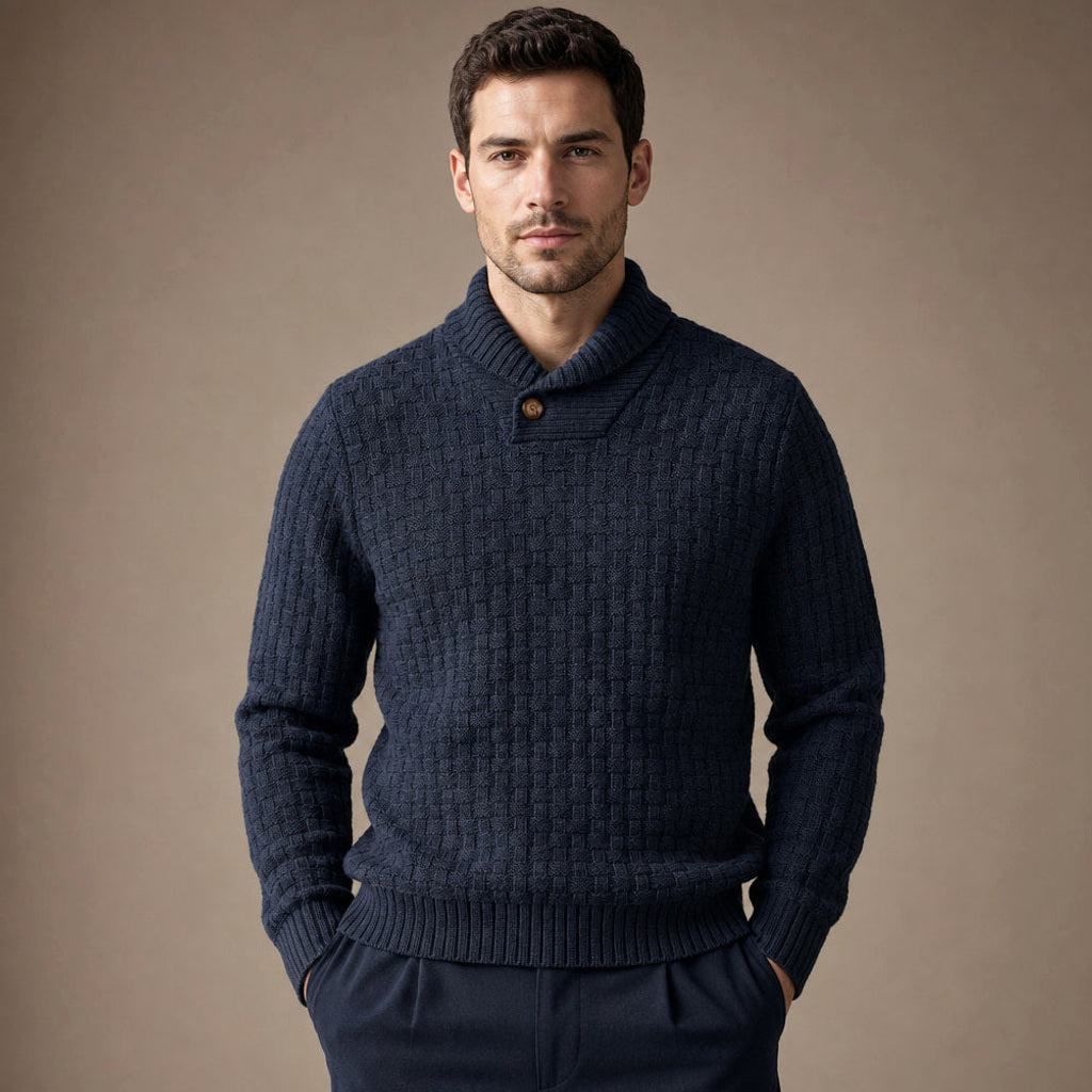 Krispin | Pullover Schalkragen Korbgeflecht-Strick in Navy – Premium Editorial