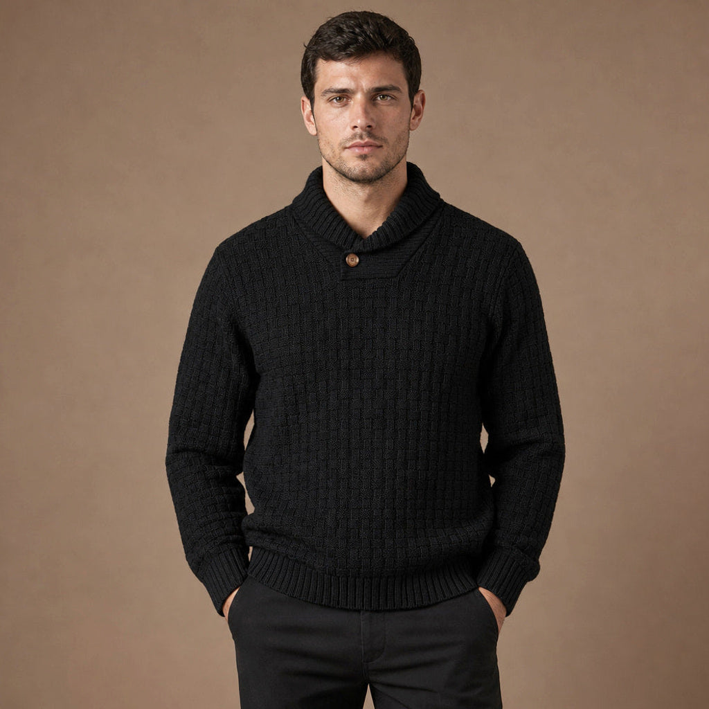 Krispin | Pullover Schalkragen Korbgeflecht-Strick in Schwarz – Premium Editorial