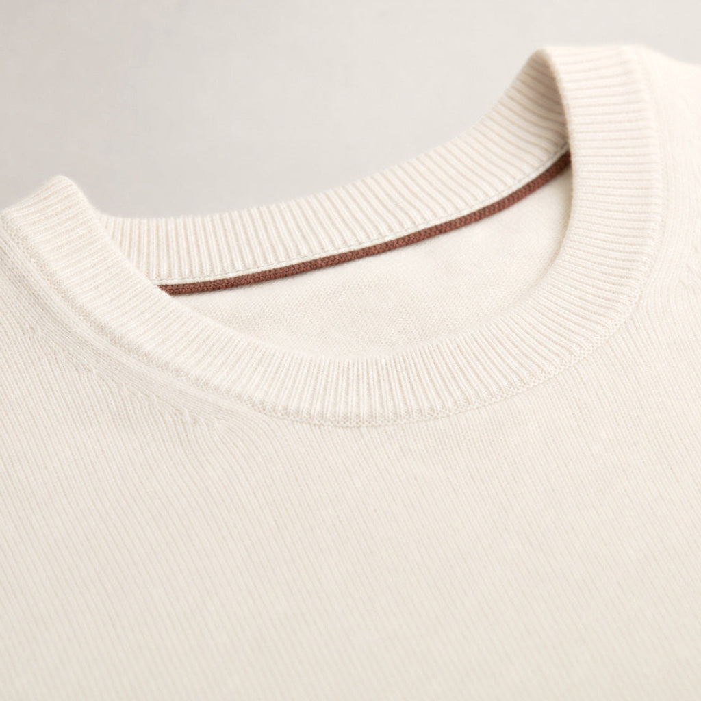 Landbert | Feinstrick-Pullover Wolle-Kaschmir Champagnerbeige – Stoff- und Detailaufnahme