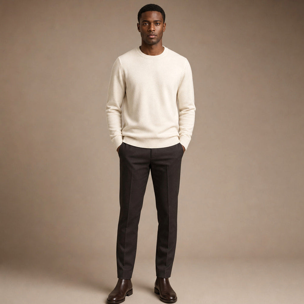 Landbert | Feinstrick-Pullover Wolle-Kaschmir Champagnerbeige – Gesamtlook