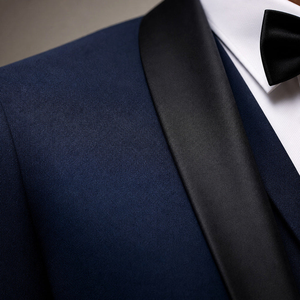 Corvald | Anzug Dreiteilig Schalkragen Blau / Marineblau – Stoff- und Detailaufnahme