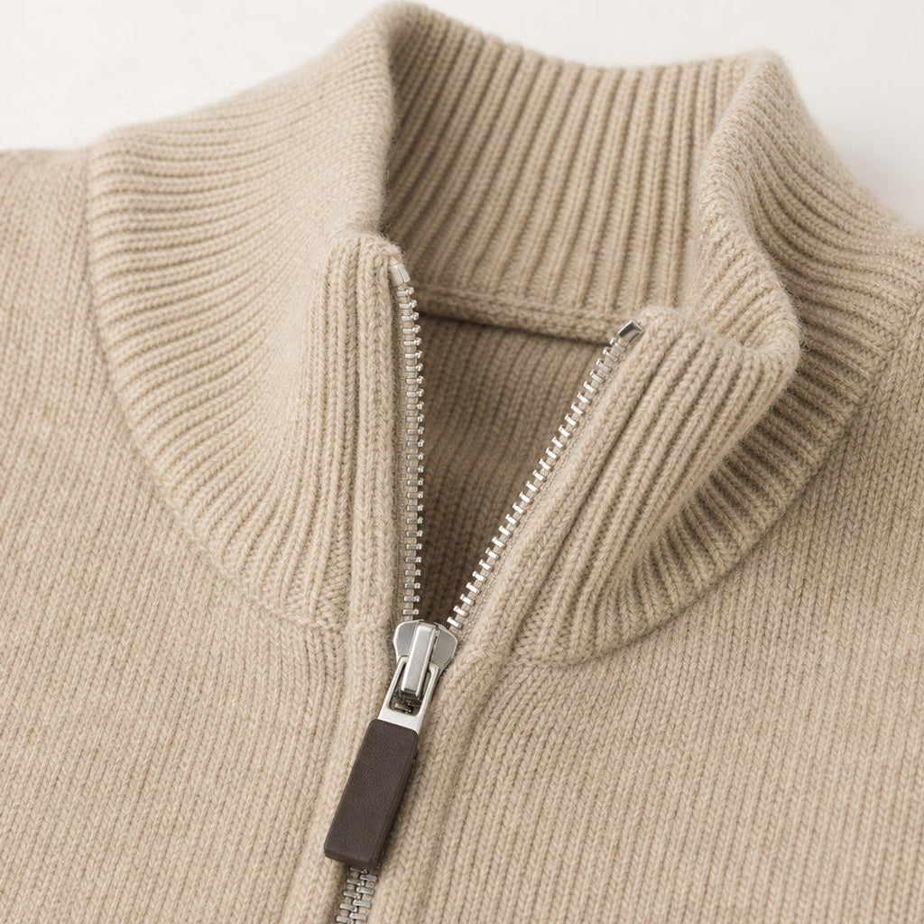 Levin | Strickjacke Stehkragen Camel – Stoff- und Detailaufnahme