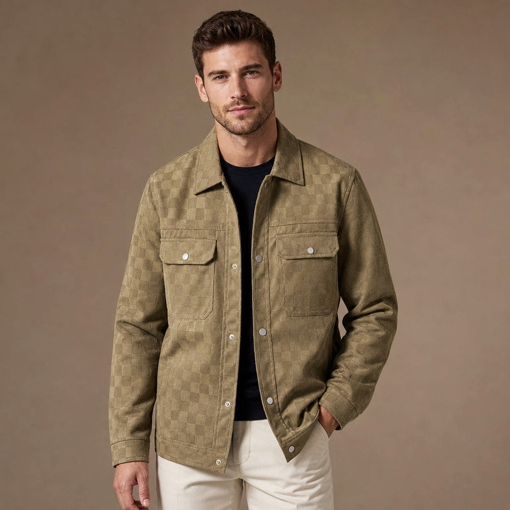 Liuthard | Jacke Wildlederoptik Karo in Khaki – Premium Editorial