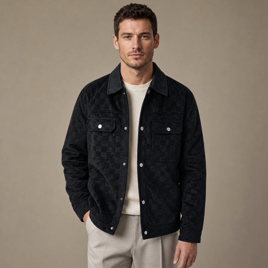 Liuthard | Jacke Wildlederoptik Karo in Schwarz – Premium Editorial