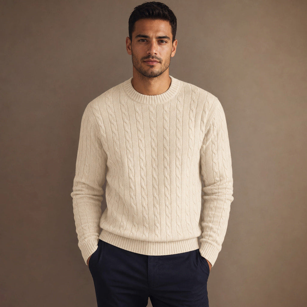 Meino | Zopfstrickpullover Wollmischung 450 g in Champagnerbeige – Premium Editorial