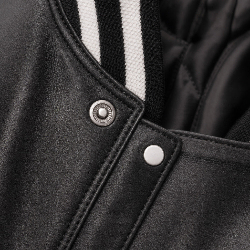 Nico | Lederjacke College-Schnitt Lammleder Schwarz – Stoff- und Detailaufnahme