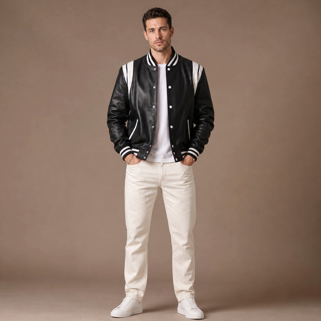 Nico | Lederjacke College-Schnitt Lammleder Schwarz – Gesamtlook