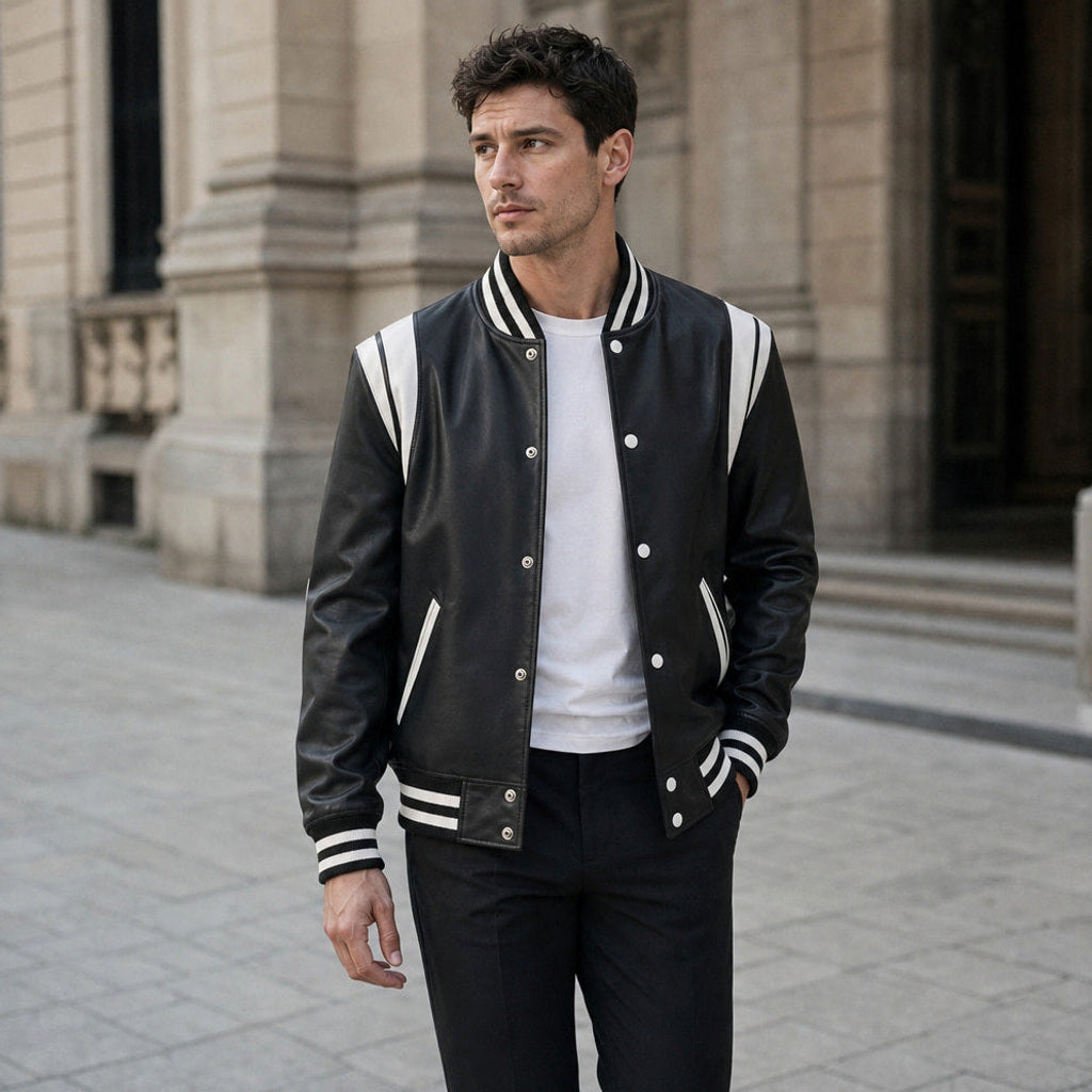 Nico | Lederjacke College-Schnitt Lammleder Schwarz – Gestyltes Editorial-Foto