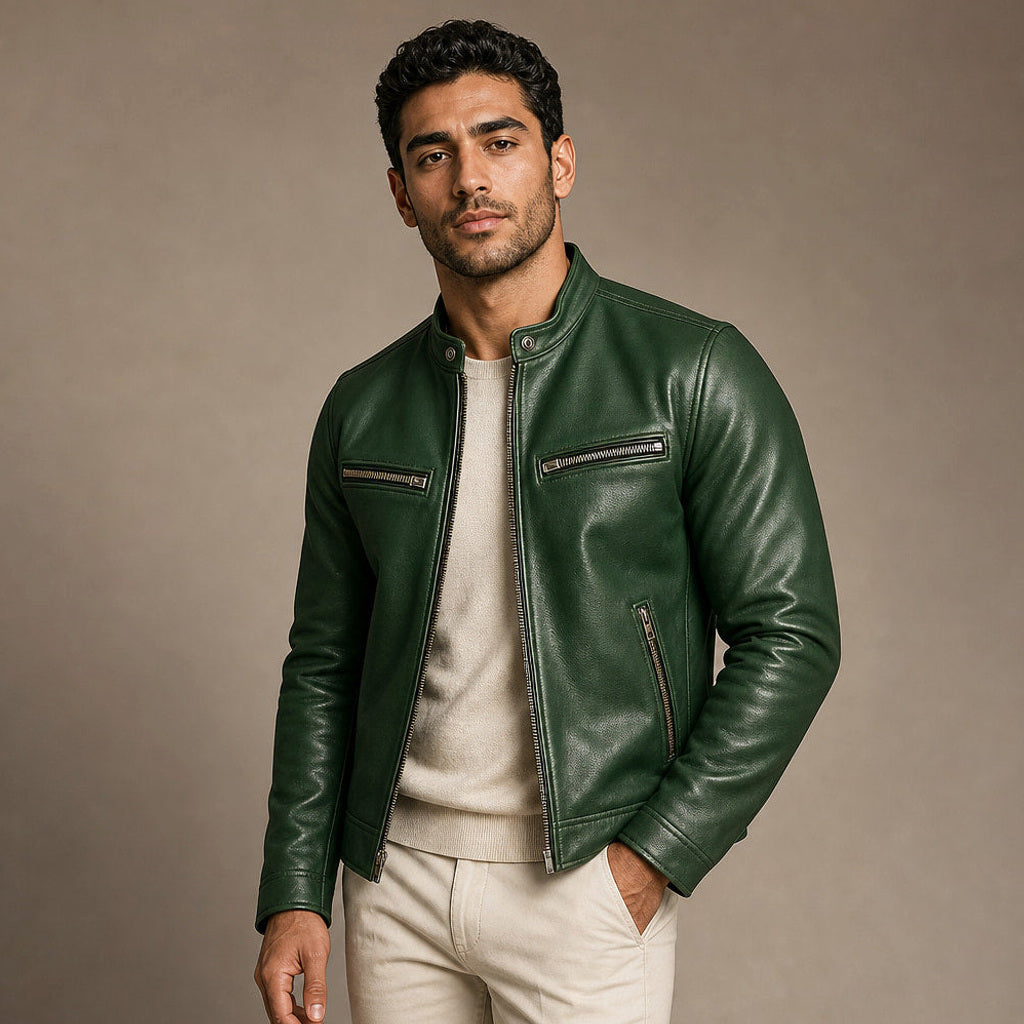 Nils | Lederjacke Vintage-Optik mit Stehkragen Grün – Seitenansicht