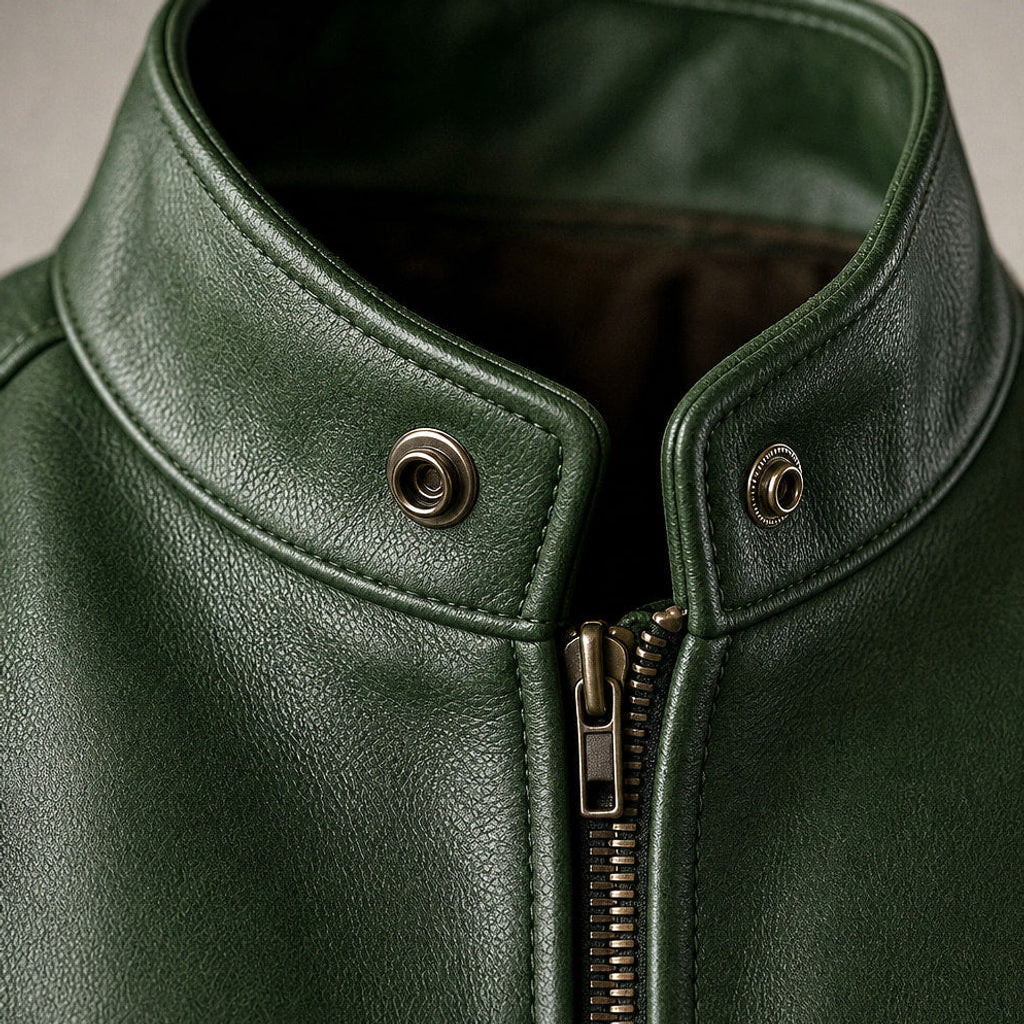 Nils | Lederjacke Vintage-Optik mit Stehkragen Grün – Stoff- und Detailaufnahme