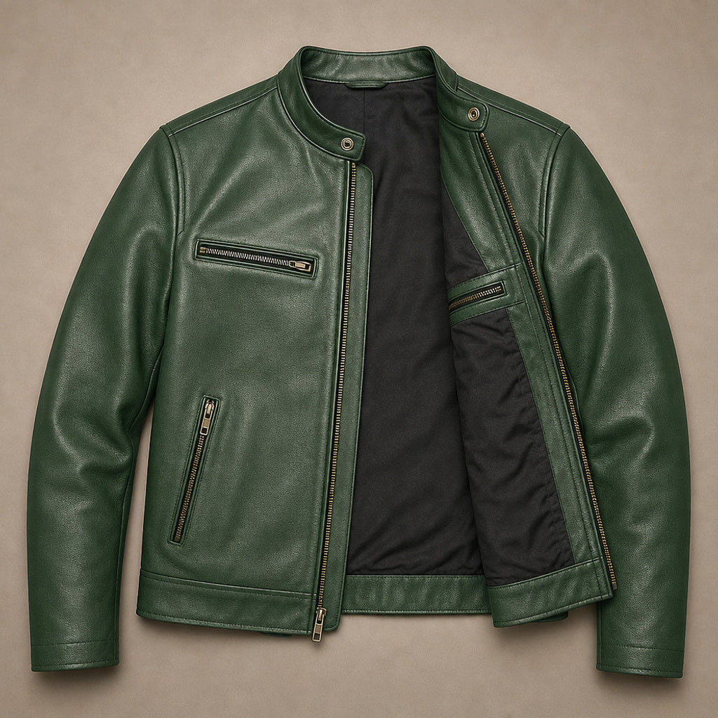 Nils | Lederjacke Vintage-Optik mit Stehkragen Grün – Flatlay-Produktfoto