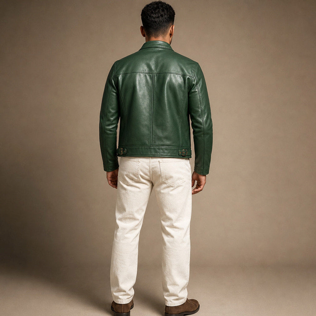 Nils | Lederjacke Vintage-Optik mit Stehkragen Grün – Gesamtlook
