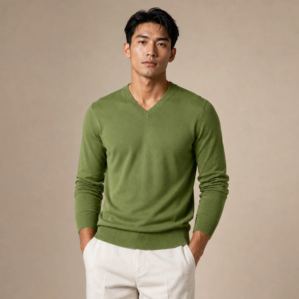 Norwin | Feinstrickpullover V-Ausschnitt Slim Fit in Grün – Premium Editorial