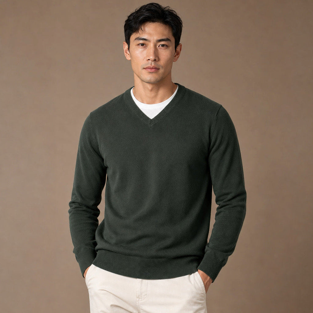 Norwin | Feinstrickpullover V-Ausschnitt Slim Fit in Grün – Premium Editorial