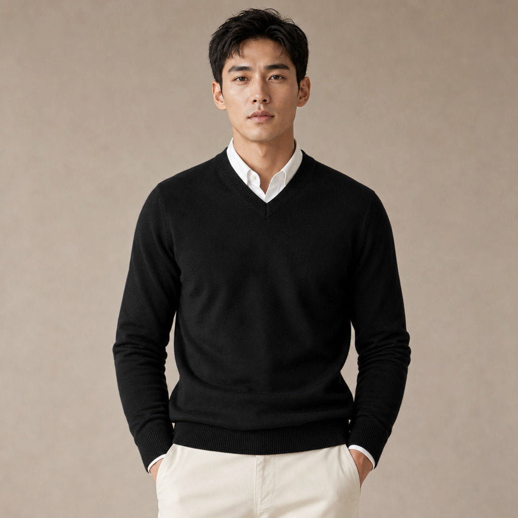 Norwin | Feinstrickpullover V-Ausschnitt Slim Fit in Schwarz – Premium Editorial