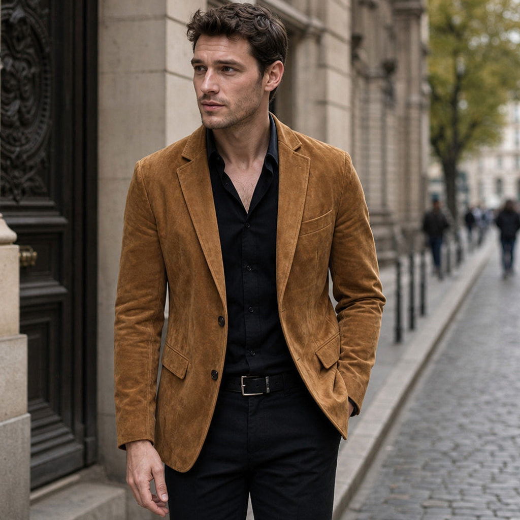 Osbert | Blazer Wildlederoptik Slim Fit Khaki – Gestyltes Editorial-Foto