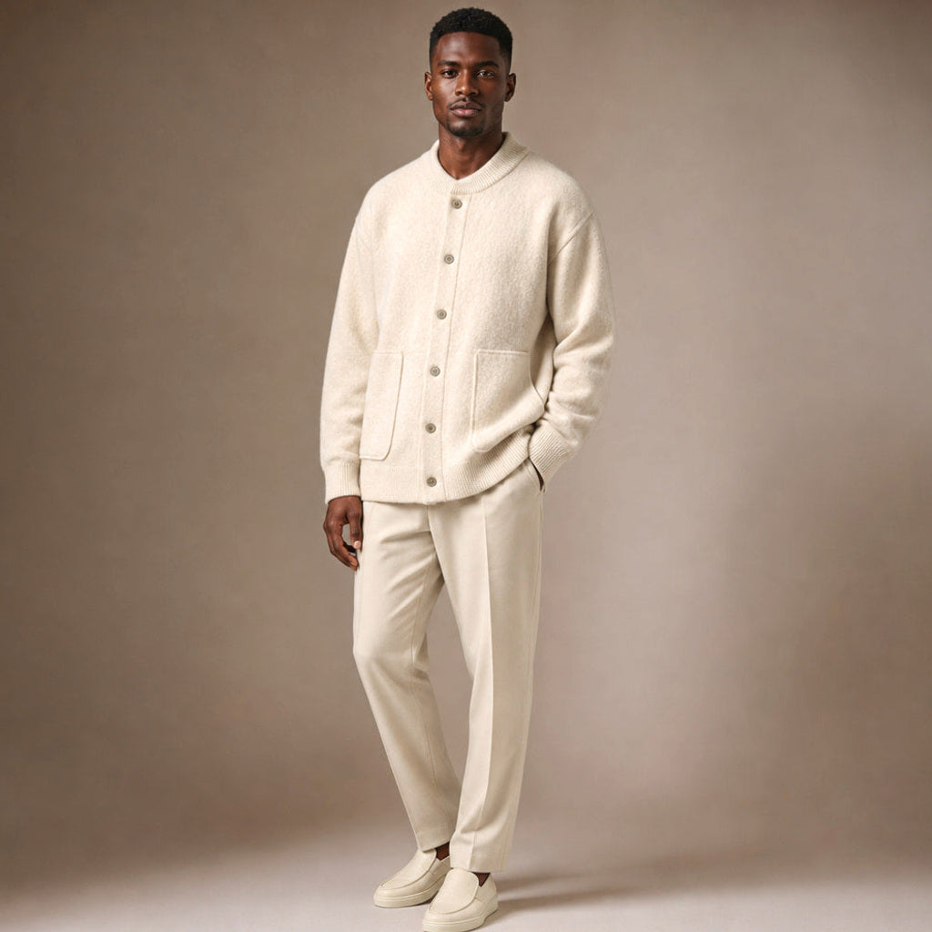 Oswald | Strickjacke Knopfleiste Wollstrick Elfenbein – Seitenansicht