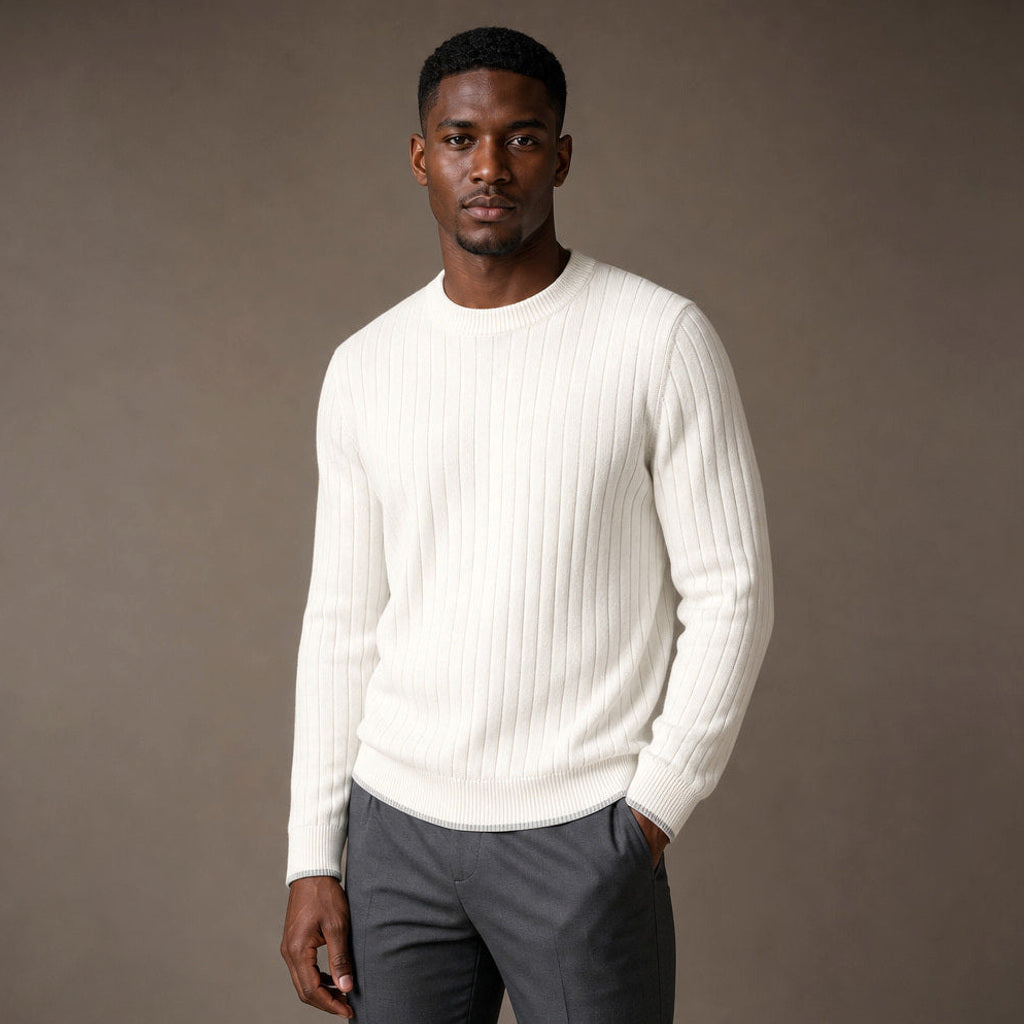 Otfried | Rippstrickpullover Slim Fit Rundhals Elfenbein – Seitenansicht