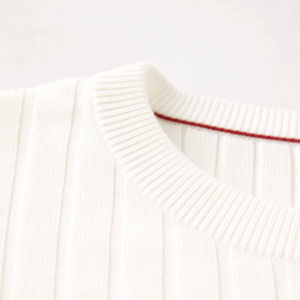 Otfried | Rippstrickpullover Slim Fit Rundhals Elfenbein – Stoff- und Detailaufnahme