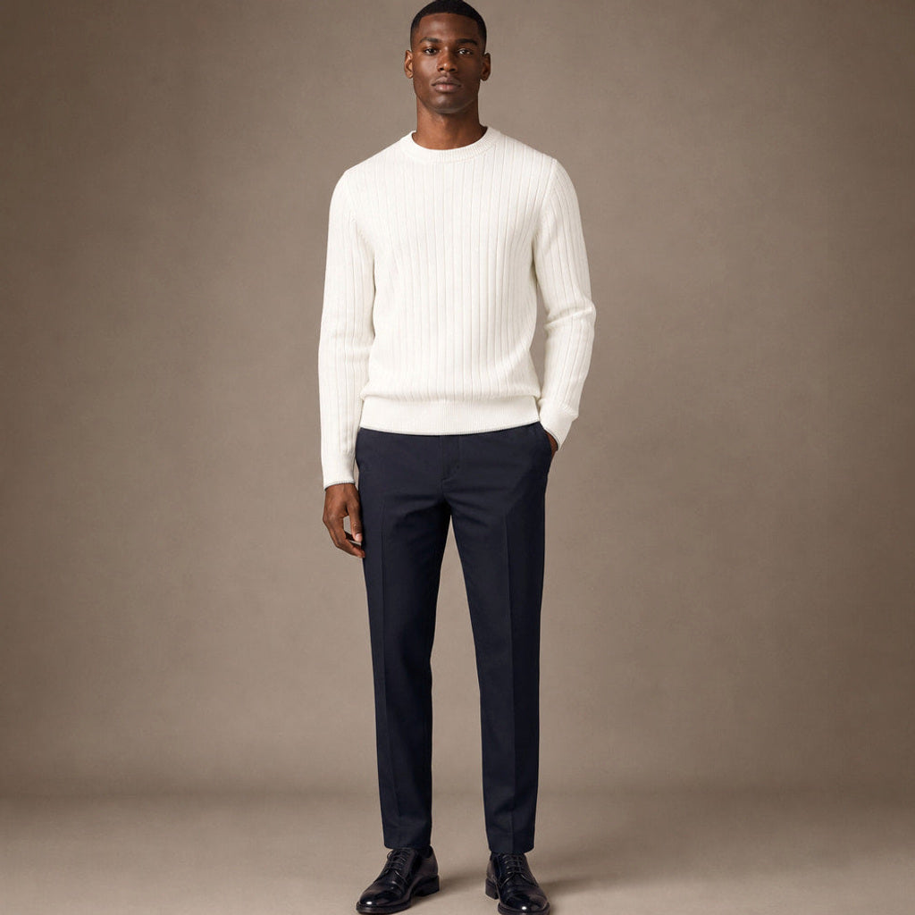 Otfried | Rippstrickpullover Slim Fit Rundhals Elfenbein – Gesamtlook