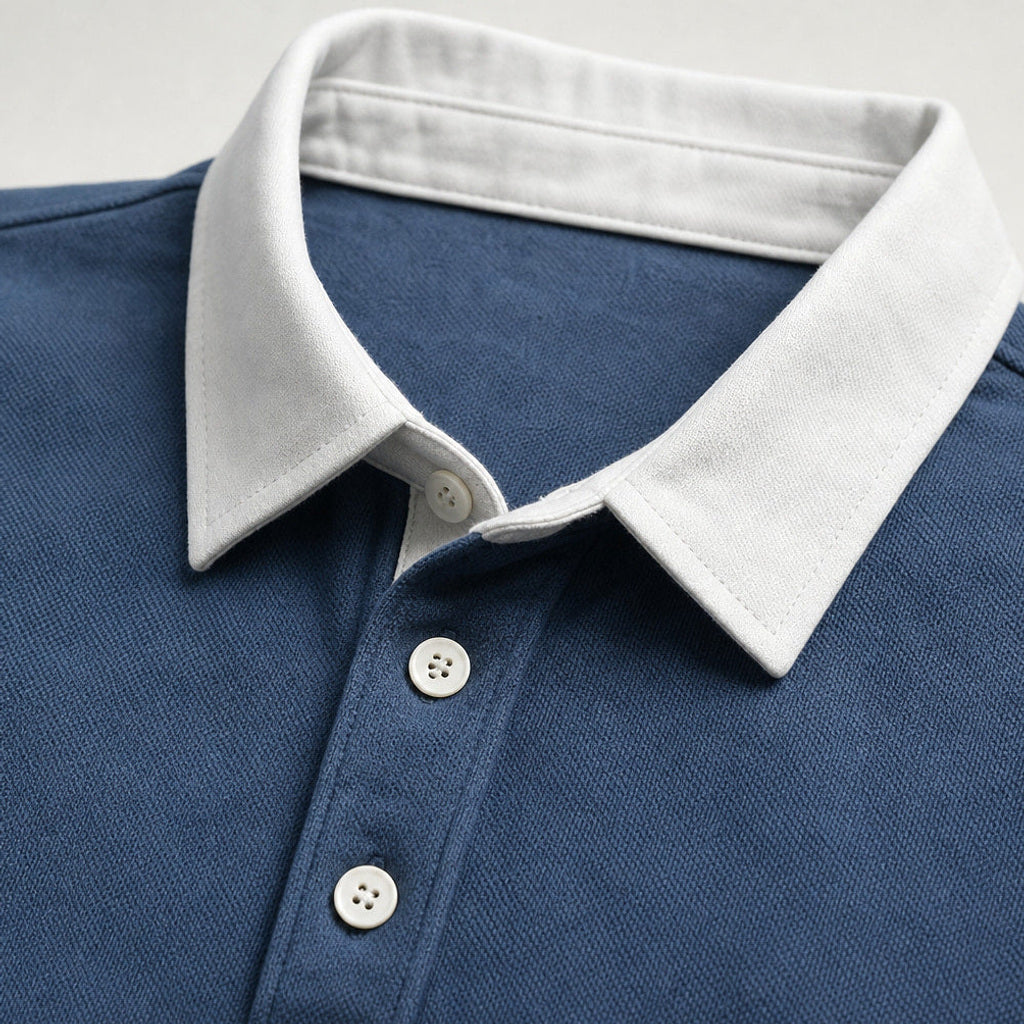 Salvo | Rugbyshirt Kontrastkragen Jersey Blau – Stoff- und Detailaufnahme
