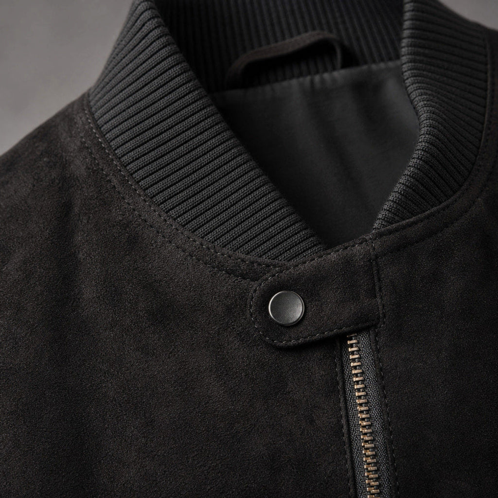 Sascha | Lederjacke Wildleder Rippbündchen Schwarz – Stoff- und Detailaufnahme