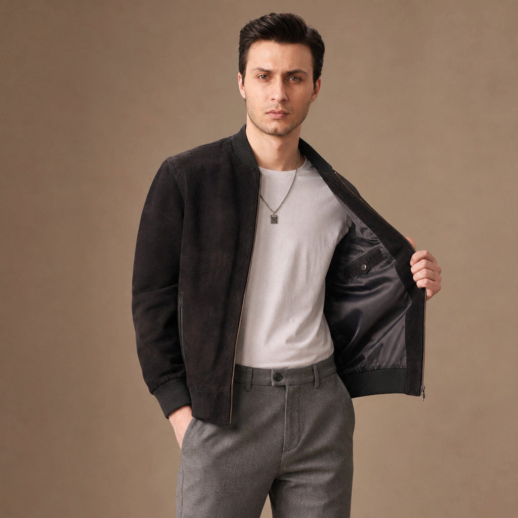 Sascha | Lederjacke Wildleder Rippbündchen in Schwarz – Premium Editorial