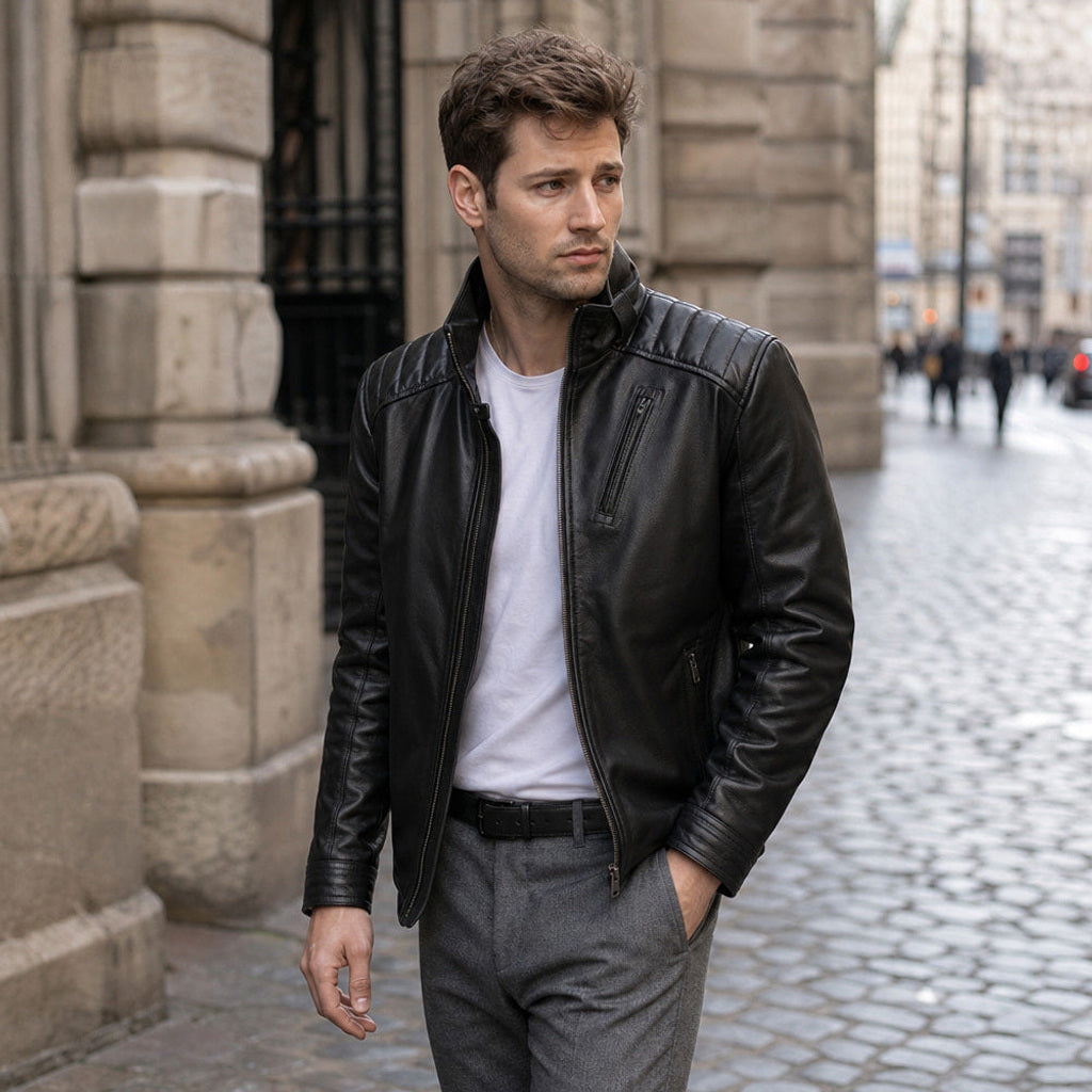 Sigemund | Lederjacke Bikerschnitt Schwarz – Produktfoto