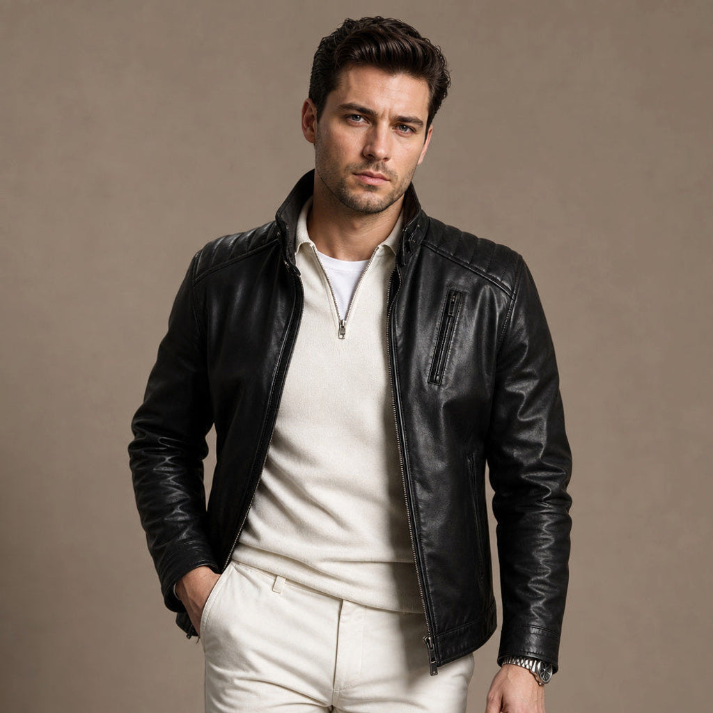 Sigemund | Lederjacke Bikerschnitt Schwarz – Produktfoto