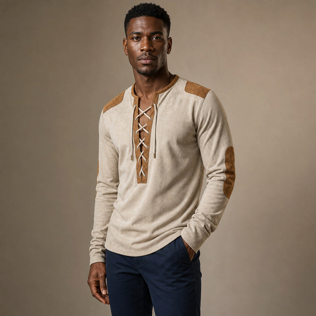 Sigismund | Henley Shirt Langarm mit Schnürleiste Creme / Beige – Seitenansicht