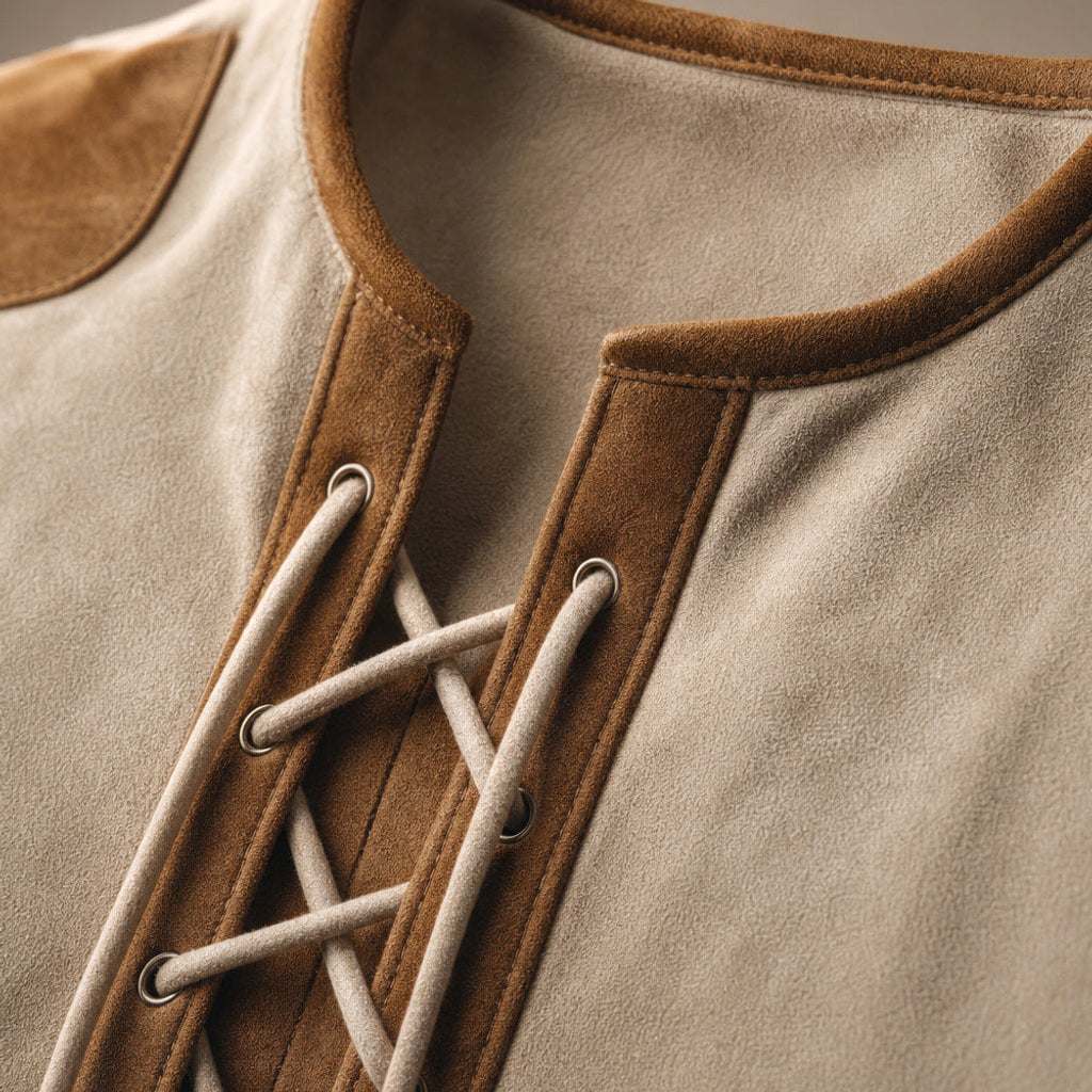 Sigismund | Henley Shirt Langarm mit Schnürleiste Creme / Beige – Stoff- und Detailaufnahme