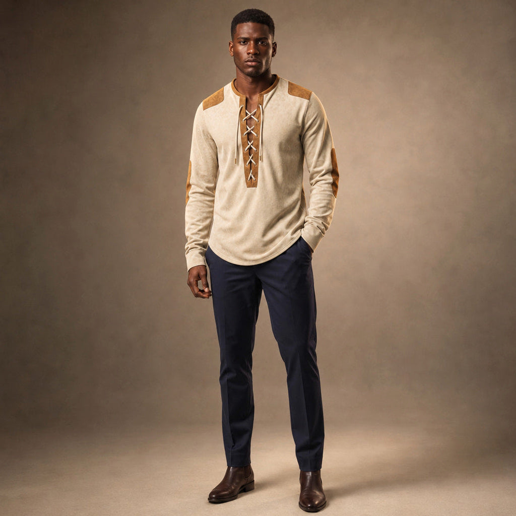 Sigismund | Henley Shirt Langarm mit Schnürleiste Creme / Beige – Gesamtlook