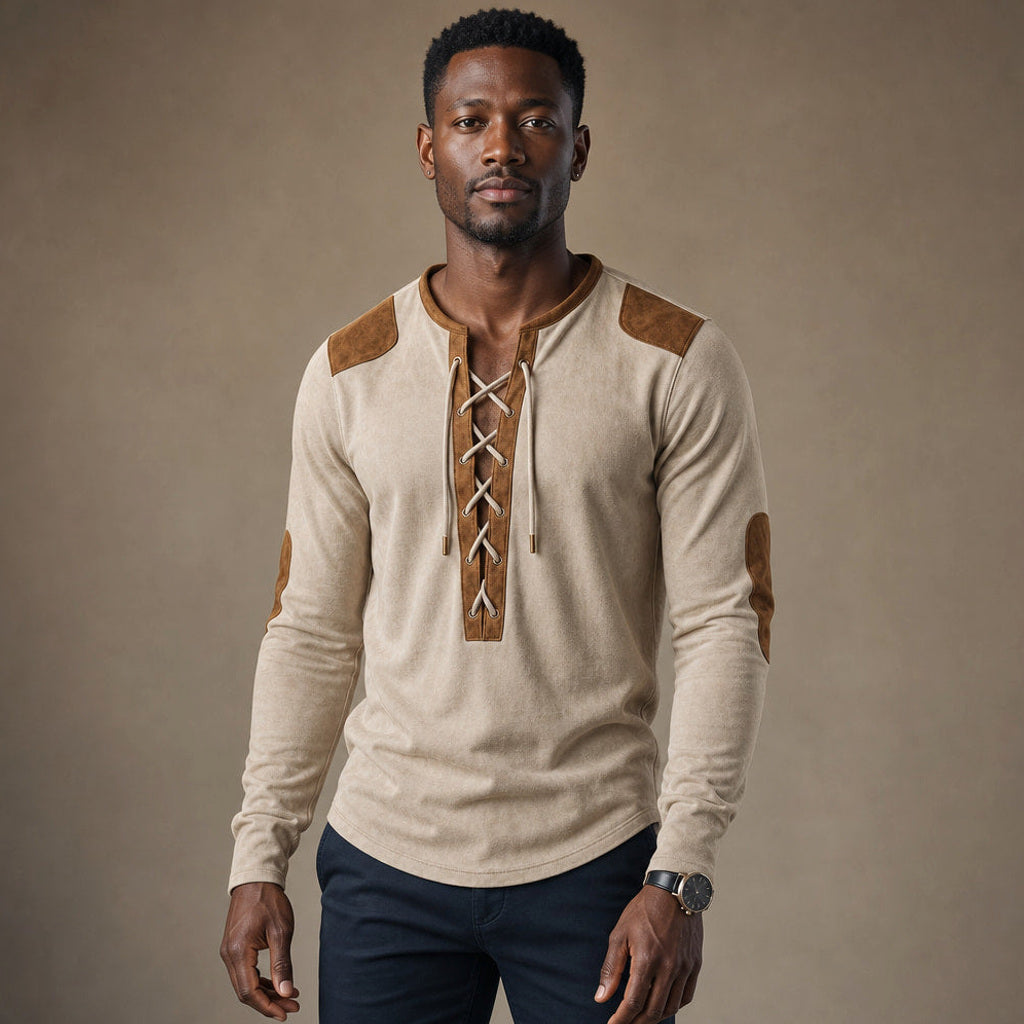 Sigismund | Henley Shirt Langarm mit Schnürleiste in Creme / Beige – Premium Editorial
