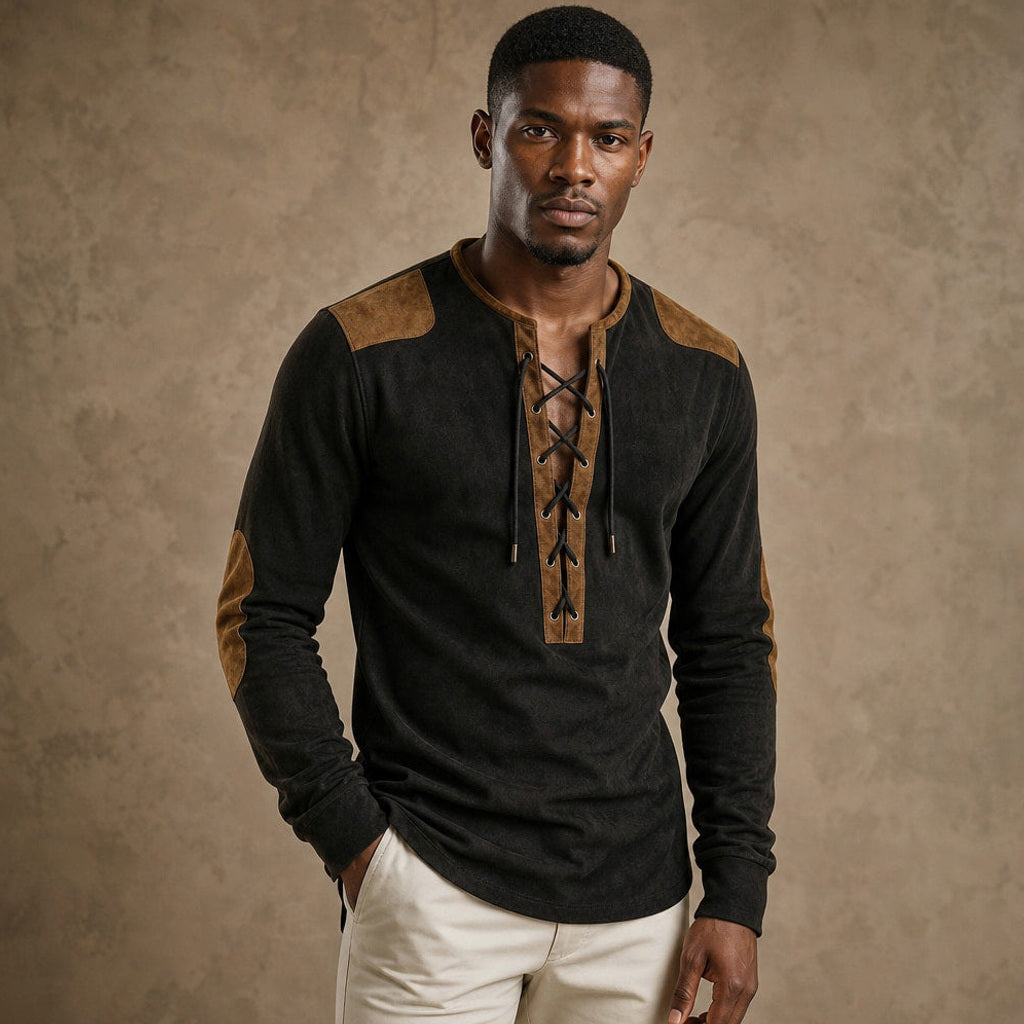 Sigismund | Henley Shirt Langarm mit Schnürleiste Obsidianschwarz – Produktfoto