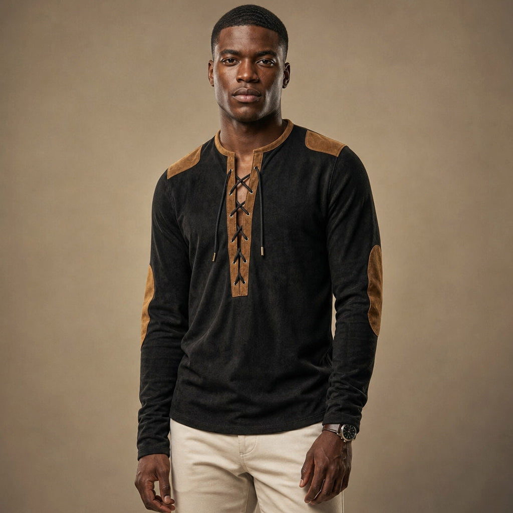 Sigismund | Henley Shirt Langarm mit Schnürleiste in Obsidianschwarz – Premium Editorial