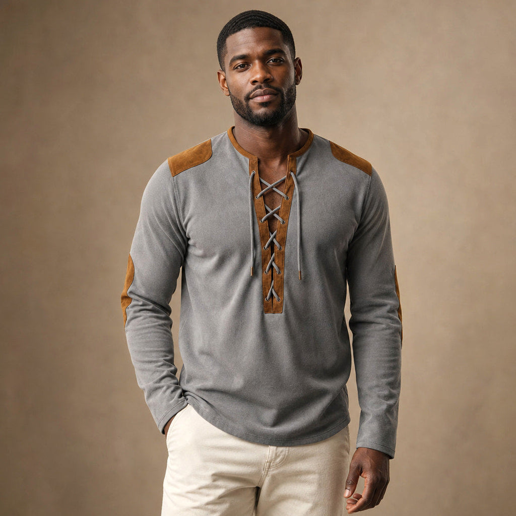 Sigismund | Henley Shirt Langarm mit Schnürleiste in Schiefergrau – Premium Editorial