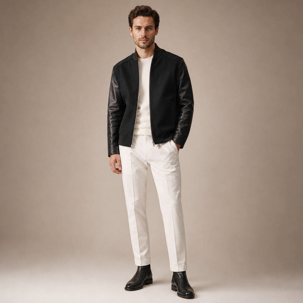 Sigmund | Blousonjacke Wollkörper mit Lederärmeln Schwarz – Gesamtlook