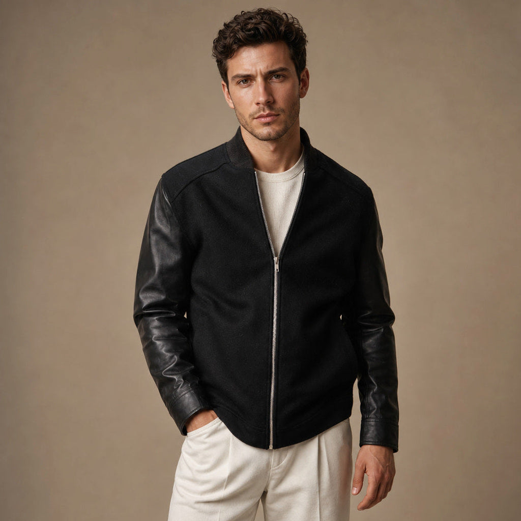Sigmund | Blousonjacke Wollkörper mit Lederärmeln Schwarz – Produktfoto