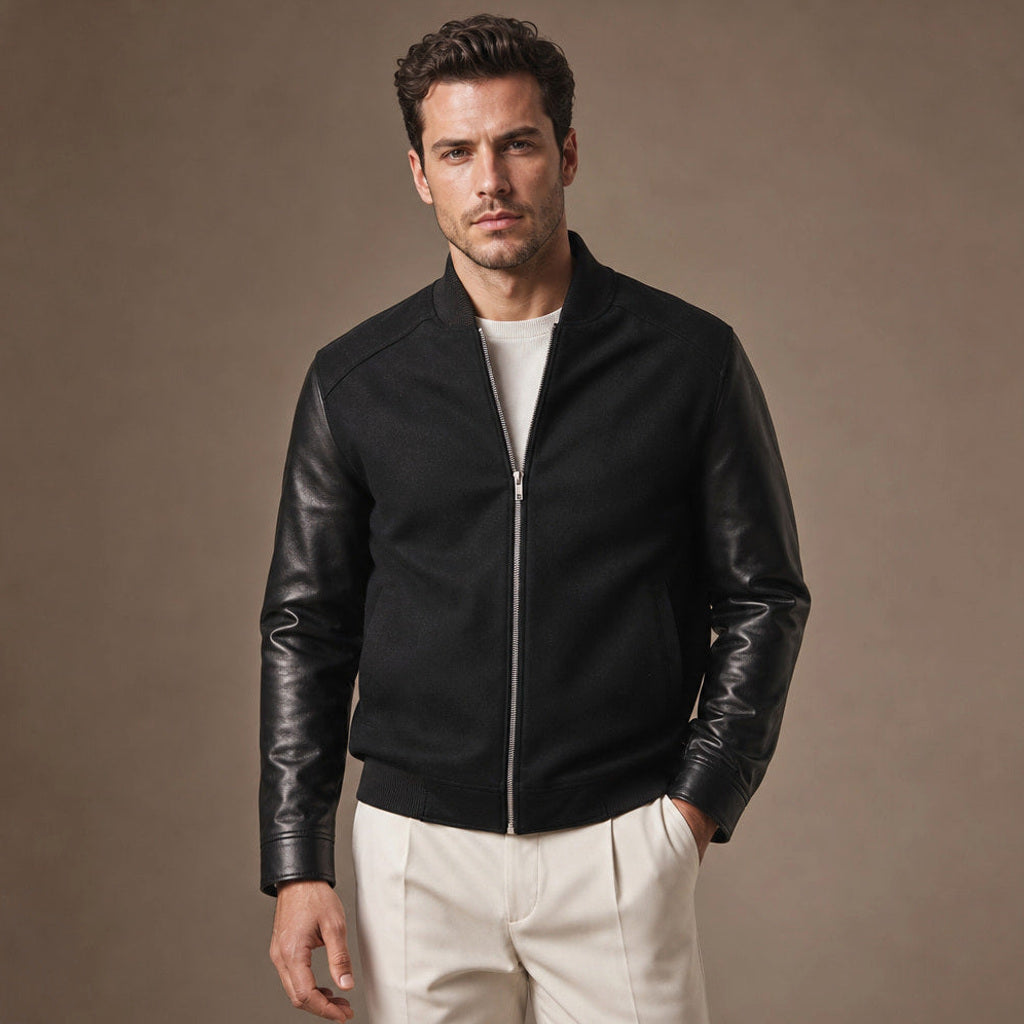 Sigmund | Blousonjacke Wollkörper mit Lederärmeln in Schwarz – Premium Editorial
