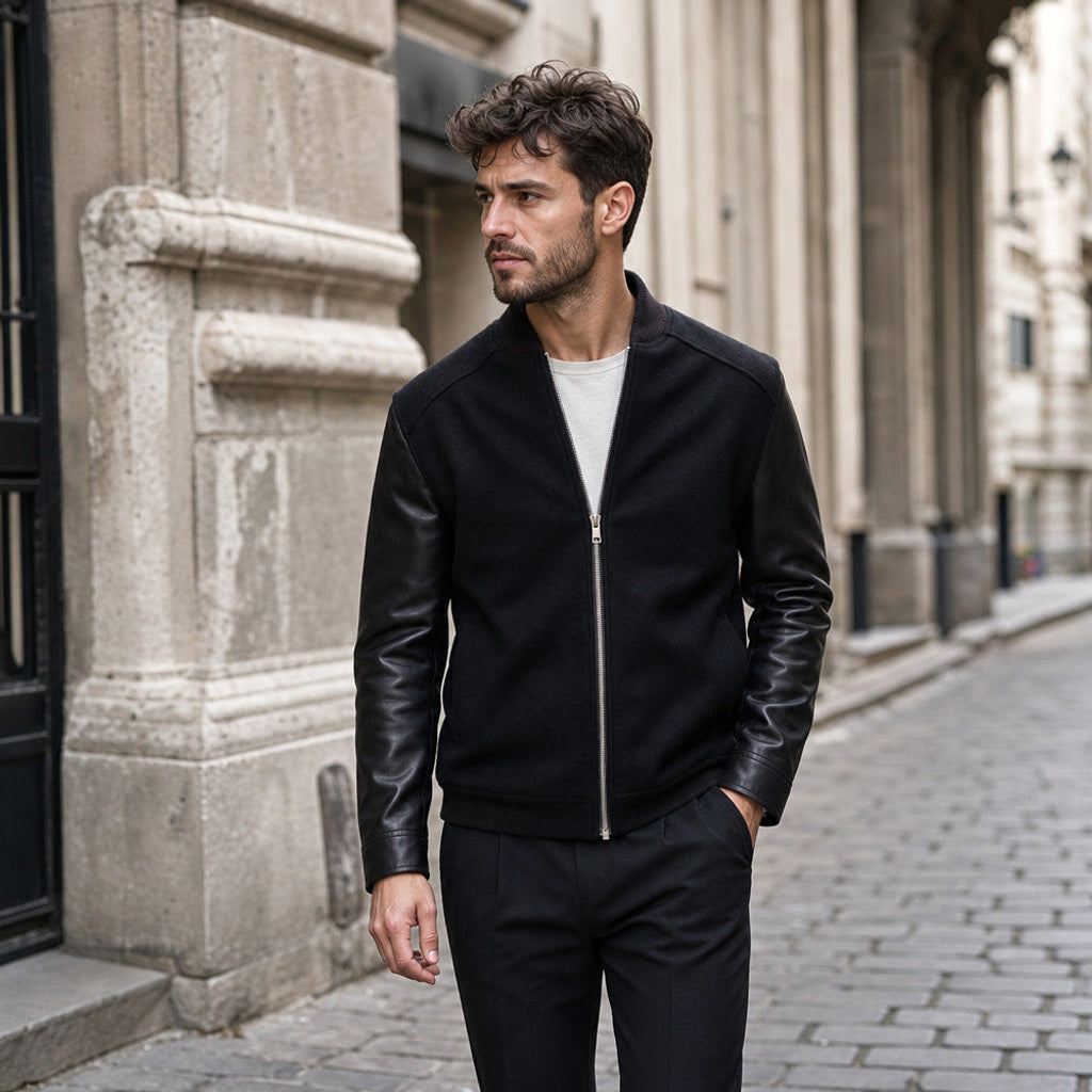 Sigmund | Blousonjacke Wollkörper mit Lederärmeln Schwarz – Gestyltes Editorial-Foto