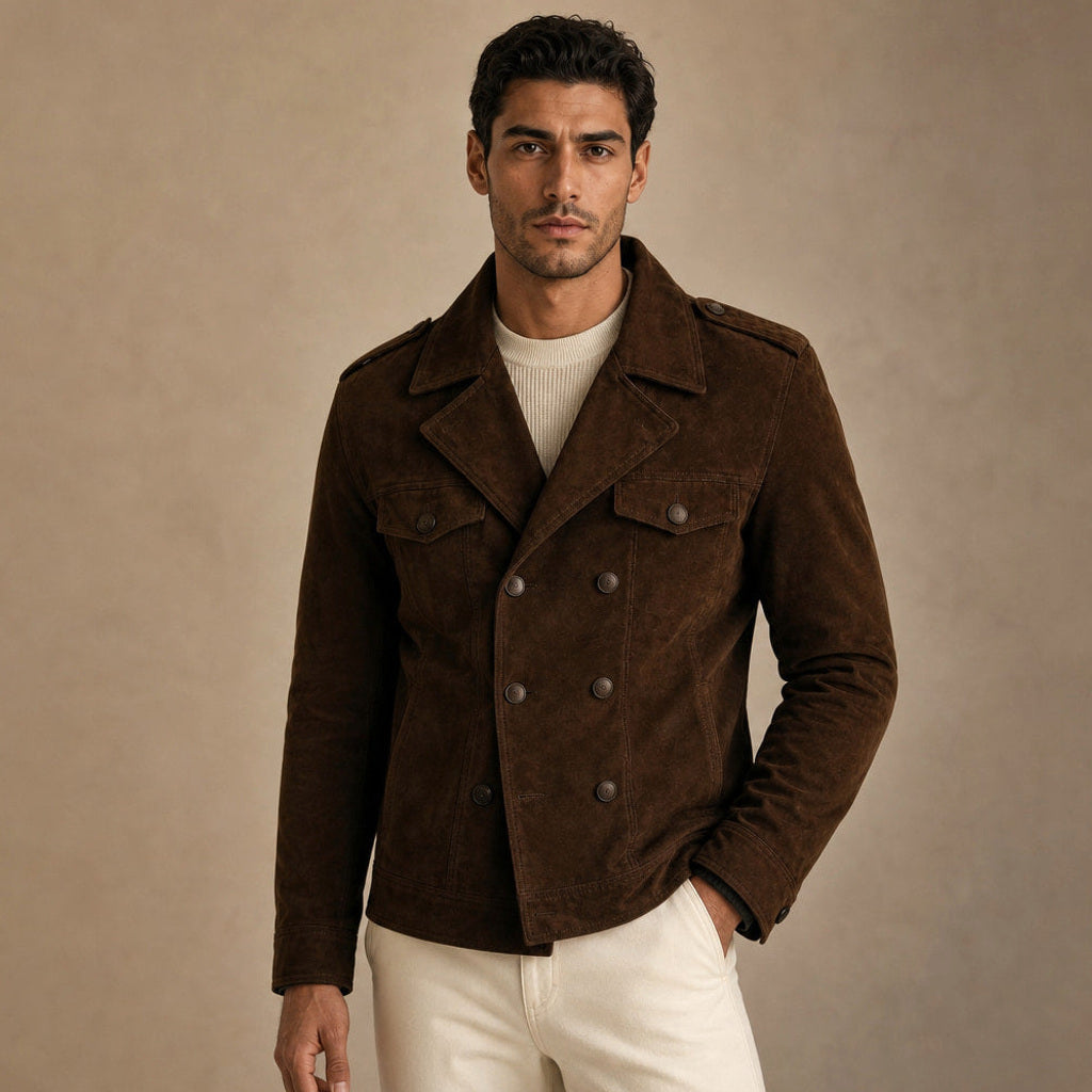 Simon | Blazer Wildlederoptik Zweireiher in Braun – Premium Editorial