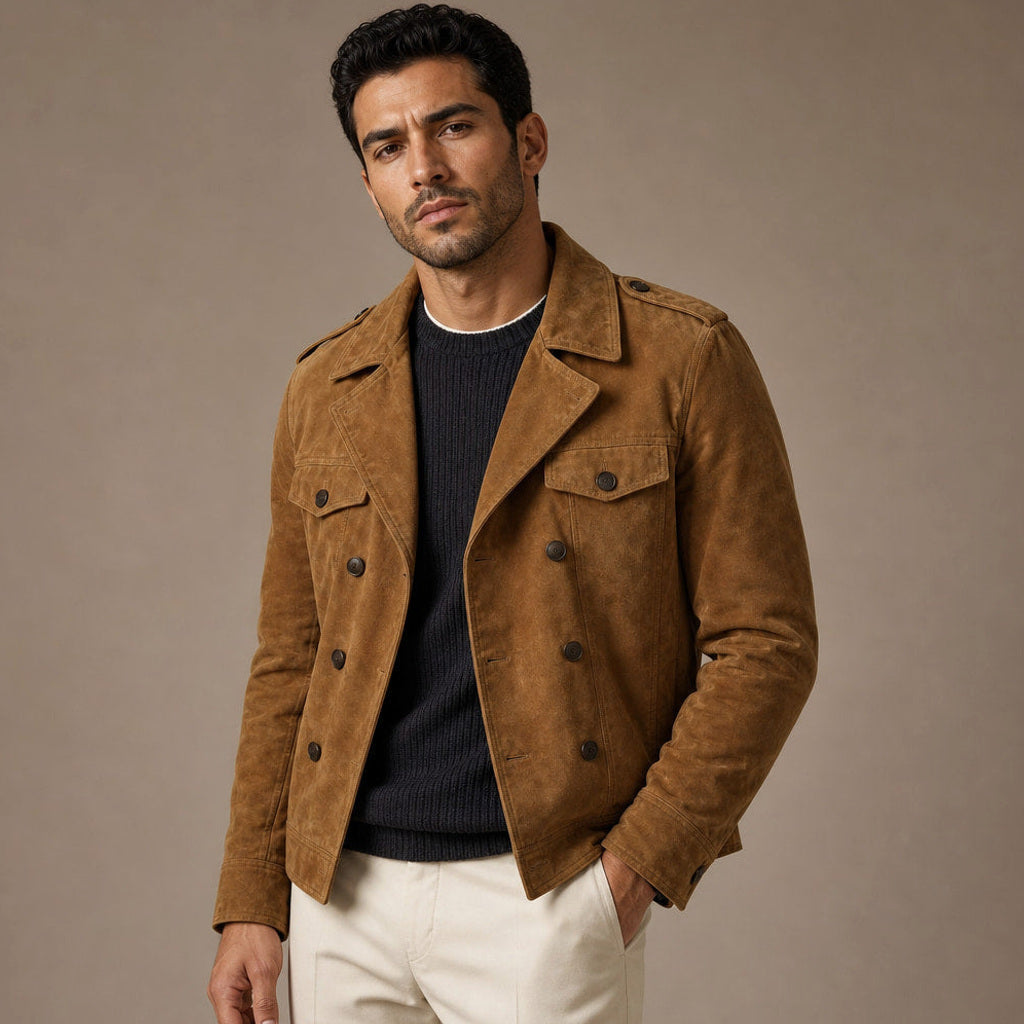 Simon | Blazer Wildlederoptik Zweireiher Khaki – Seitenansicht