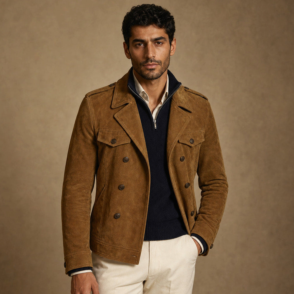 Simon | Blazer Wildlederoptik Zweireiher in Khaki – Premium Editorial