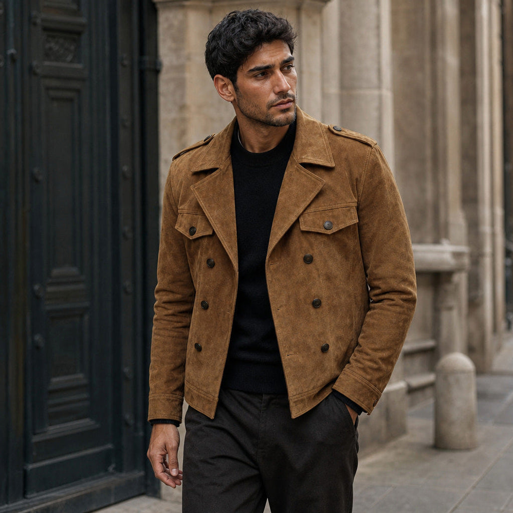 Simon | Blazer Wildlederoptik Zweireiher Khaki – Gestyltes Editorial-Foto