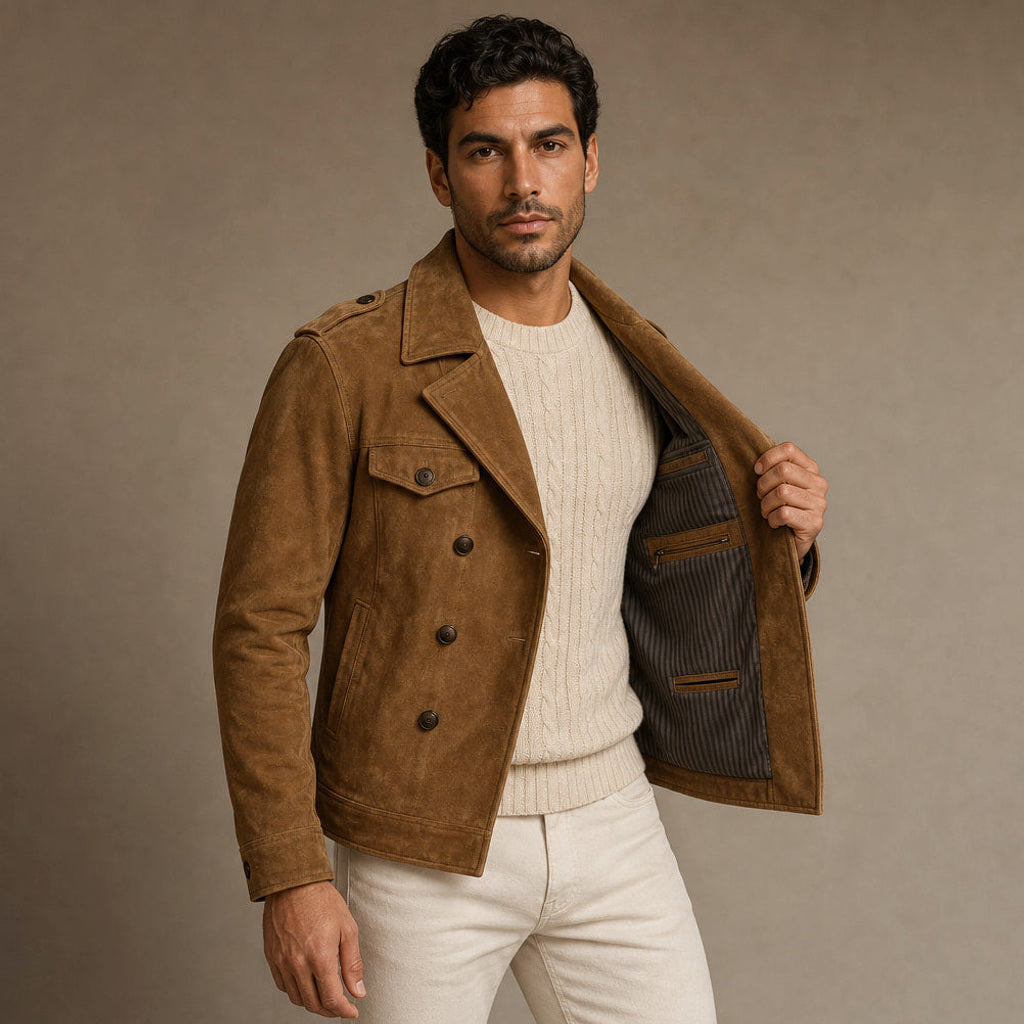 Simon | Blazer Wildlederoptik Zweireiher Khaki – Innenfutter im Detail