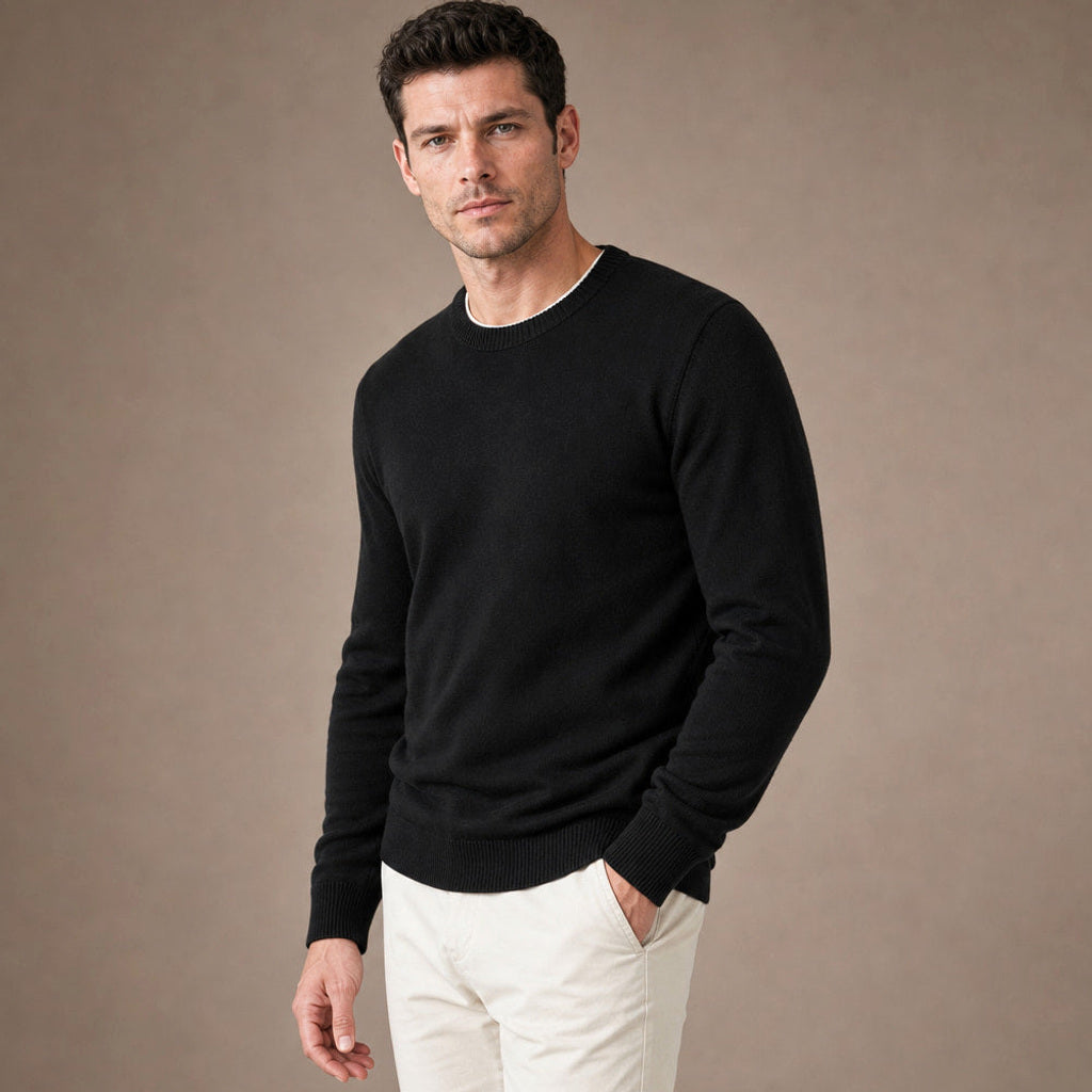 Steffen | Pullover Rundhals Feinstrick Schwarz – Seitenansicht