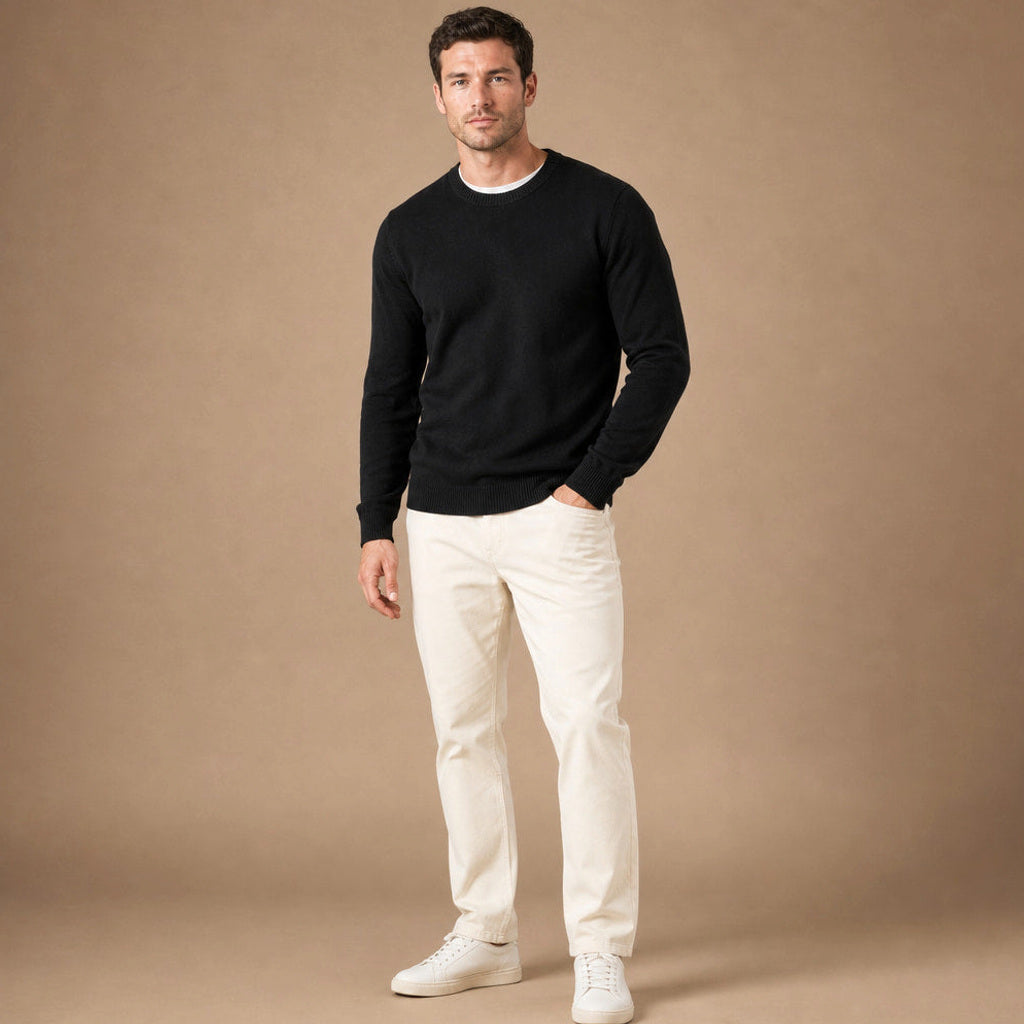 Steffen | Pullover Rundhals Feinstrick Schwarz – Gesamtlook