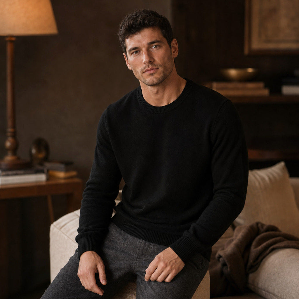 Steffen | Pullover Rundhals Feinstrick Schwarz – Gestyltes Editorial-Foto