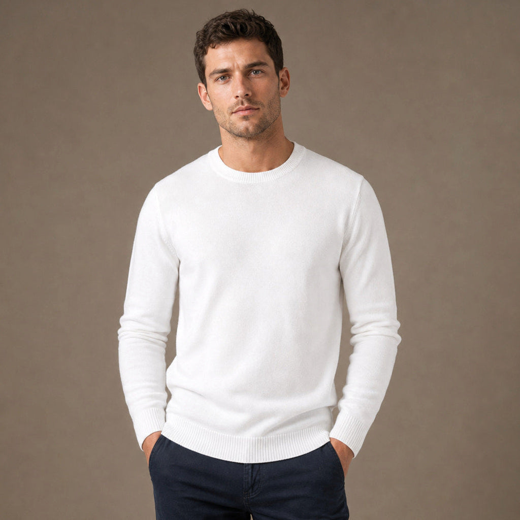 Steffen | Pullover Rundhals Feinstrick in Weiß – Premium Editorial