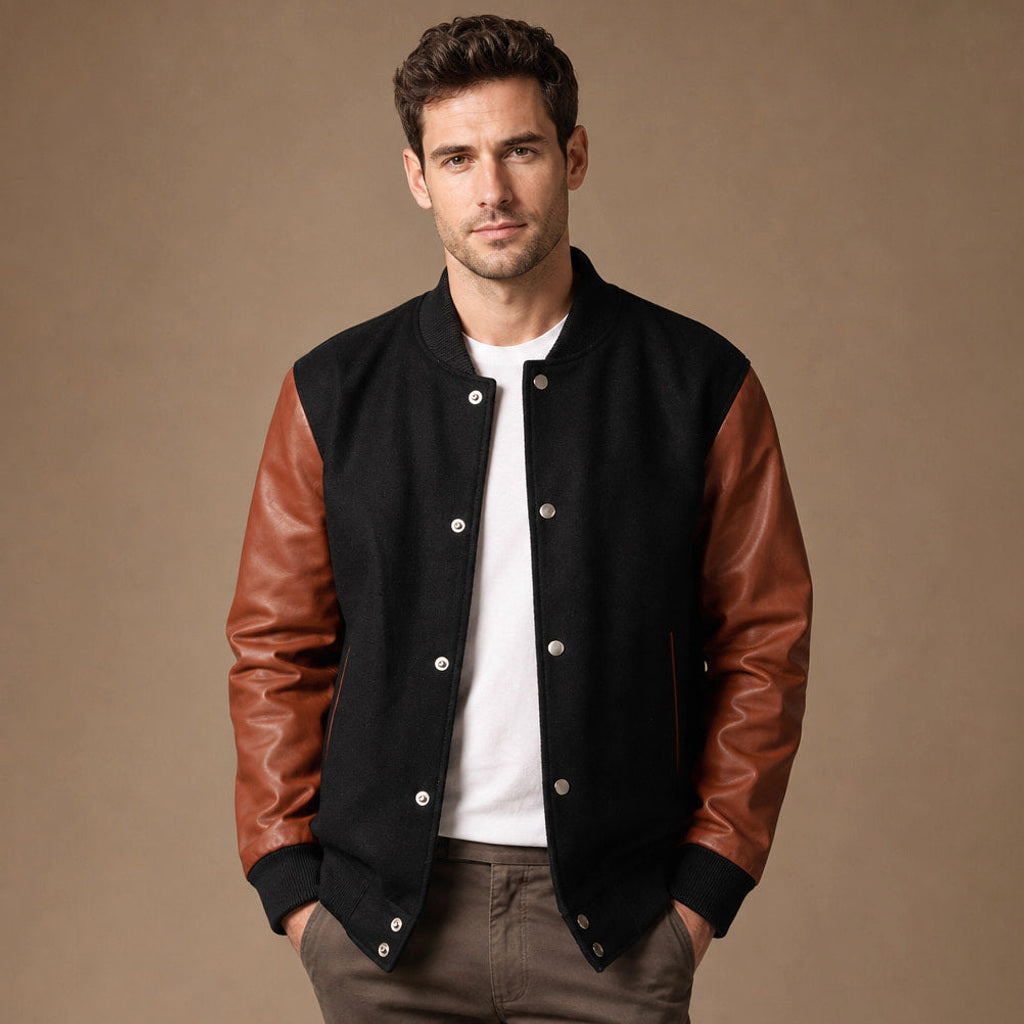 Theudemar | Collegejacke Wollkörper Lederärmel Schwarz – Produktfoto